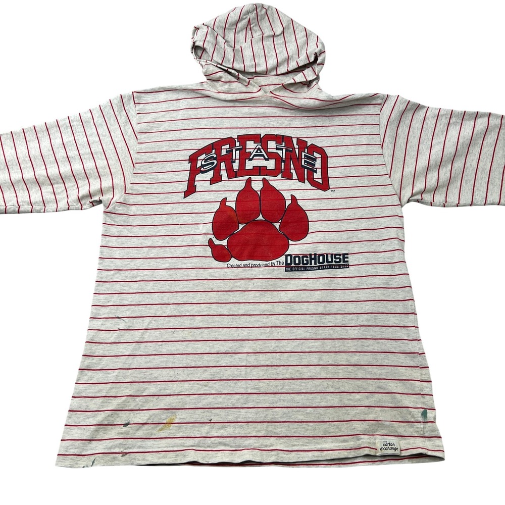 The Cotton Exchange Fresno State Striped Hooded T-Shirt L Grey Red Men 90s USA